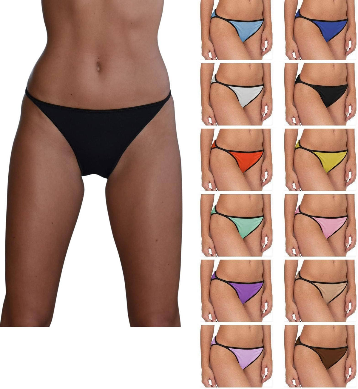 Sexy Basics Womens 12 Pack String Bikini Briefs/Ultra-Soft Cotton/Spandex Stretch No-Show Panties