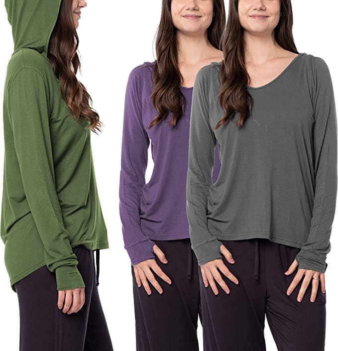 Sexy Basics Women's 3 Pack Long Sleeve Hoodie | Cotton Rayon Slub V Neck Shirt with Thumb Hole/Light & Active Tops