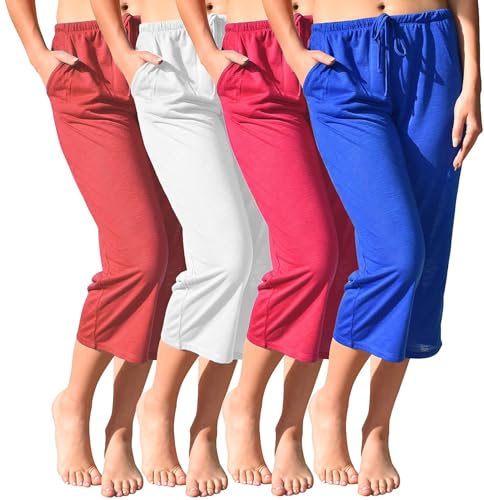 4 Pack Women's Casual Poly-Slub Capri-Length Lounge Pants