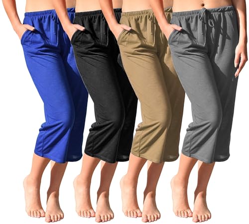 4 Pack Women's Casual Poly-Slub Capri-Length Lounge Pants