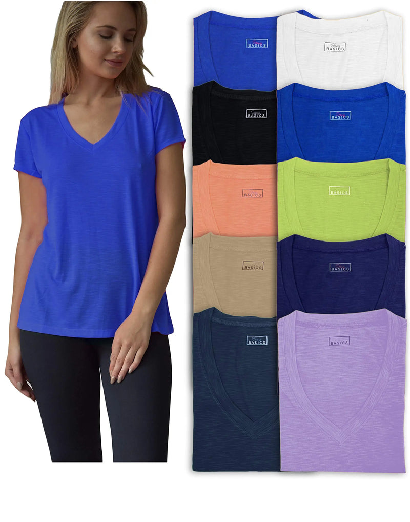 Women's 10 Pack Everyday Flowy Slub Burnout Active Casual Workout V Neck T Shirt Tops