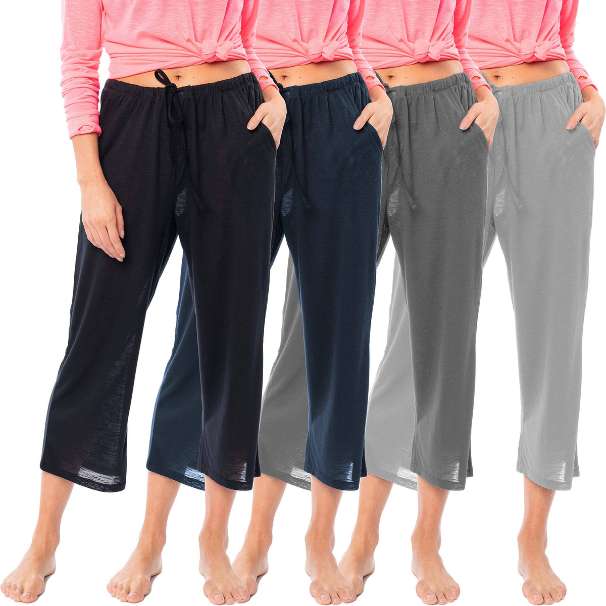 4 Pack Women's Casual Poly-Slub Capri-Length Lounge Pants