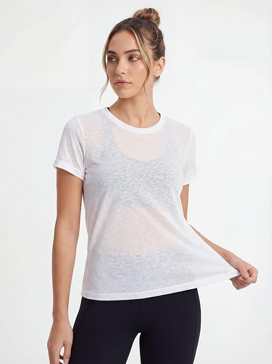 Women's Crew Short Sleeve Semi Sheer Slub Tops