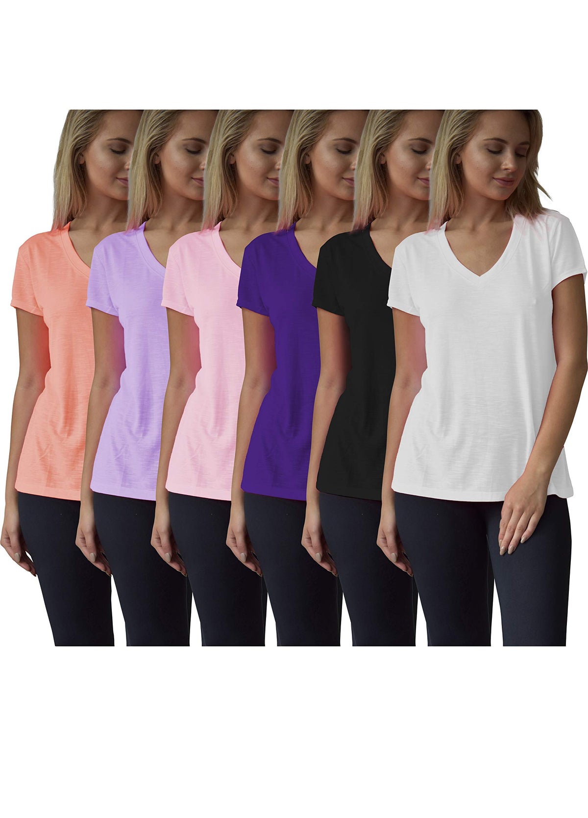 Women's Everyday Flowy Slub Burnout Active Casual Workout V Neck T Shirt Tops- 6 Pack