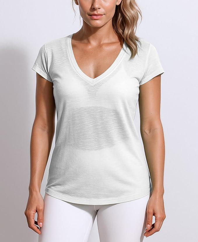 Women's V-Neck Short Sleeve Semi Sheer Slub Burnout T-Shirt Top