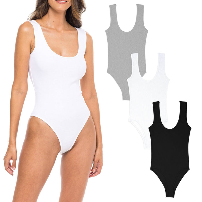 3 Pack Women's Bodysuit Cotton Ribbed Scoop Neck Onesie