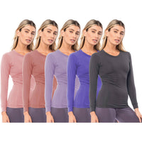 Women's 5 Pack Casual & Active Basic Cotton Stretch Long Sleeve Round Crew Neck Athletic T-Shirt Tops