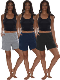 3 Pack Women's Soft Flex Cotton Drawstring Lounge Shorts