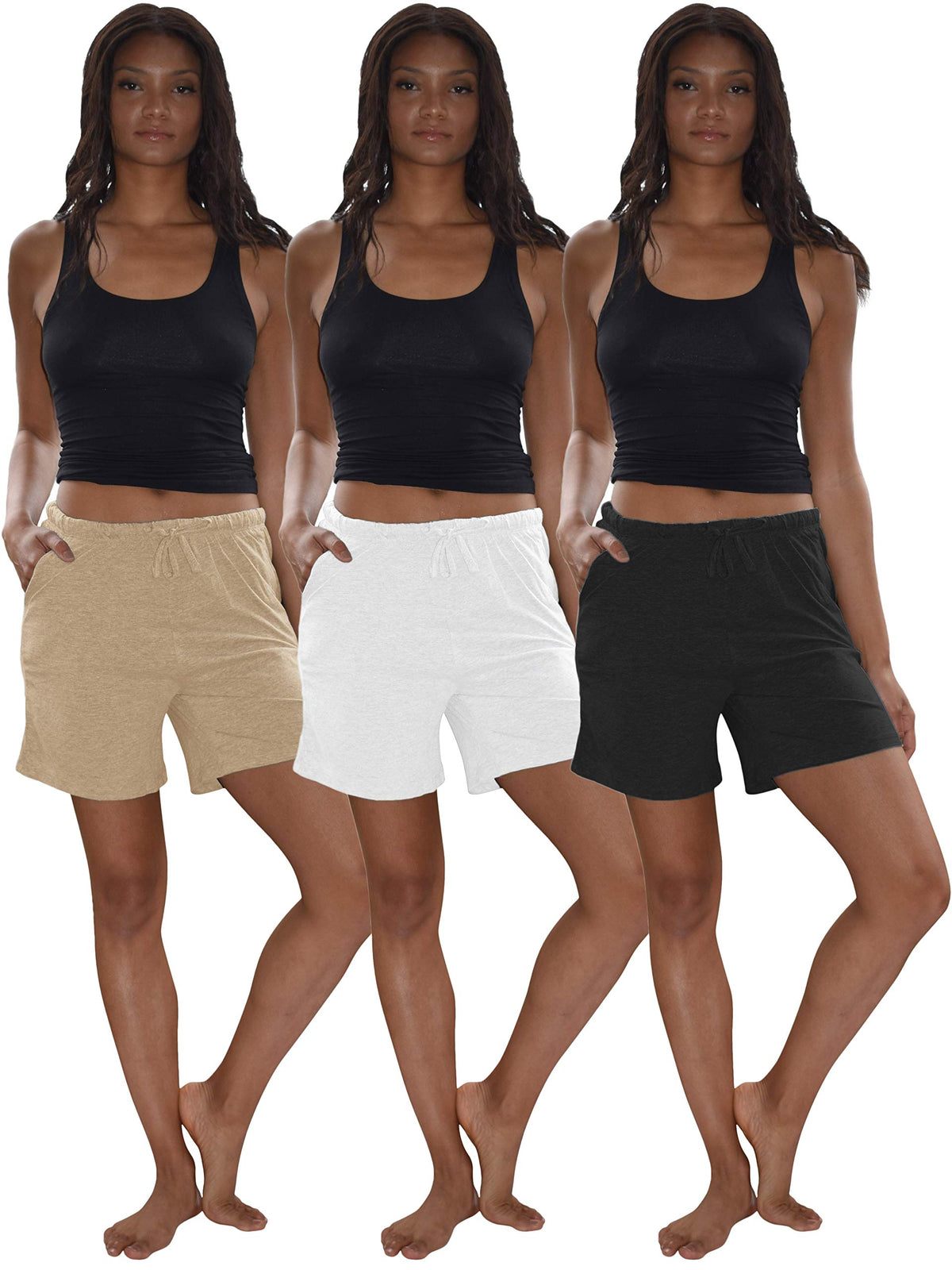 3 Pack Women's Soft Flex Cotton Drawstring Lounge Shorts