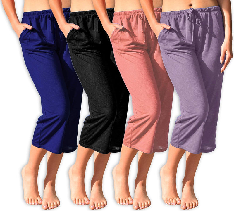 4 Pack Women's Casual Poly-Slub Capri-Length Lounge Pants