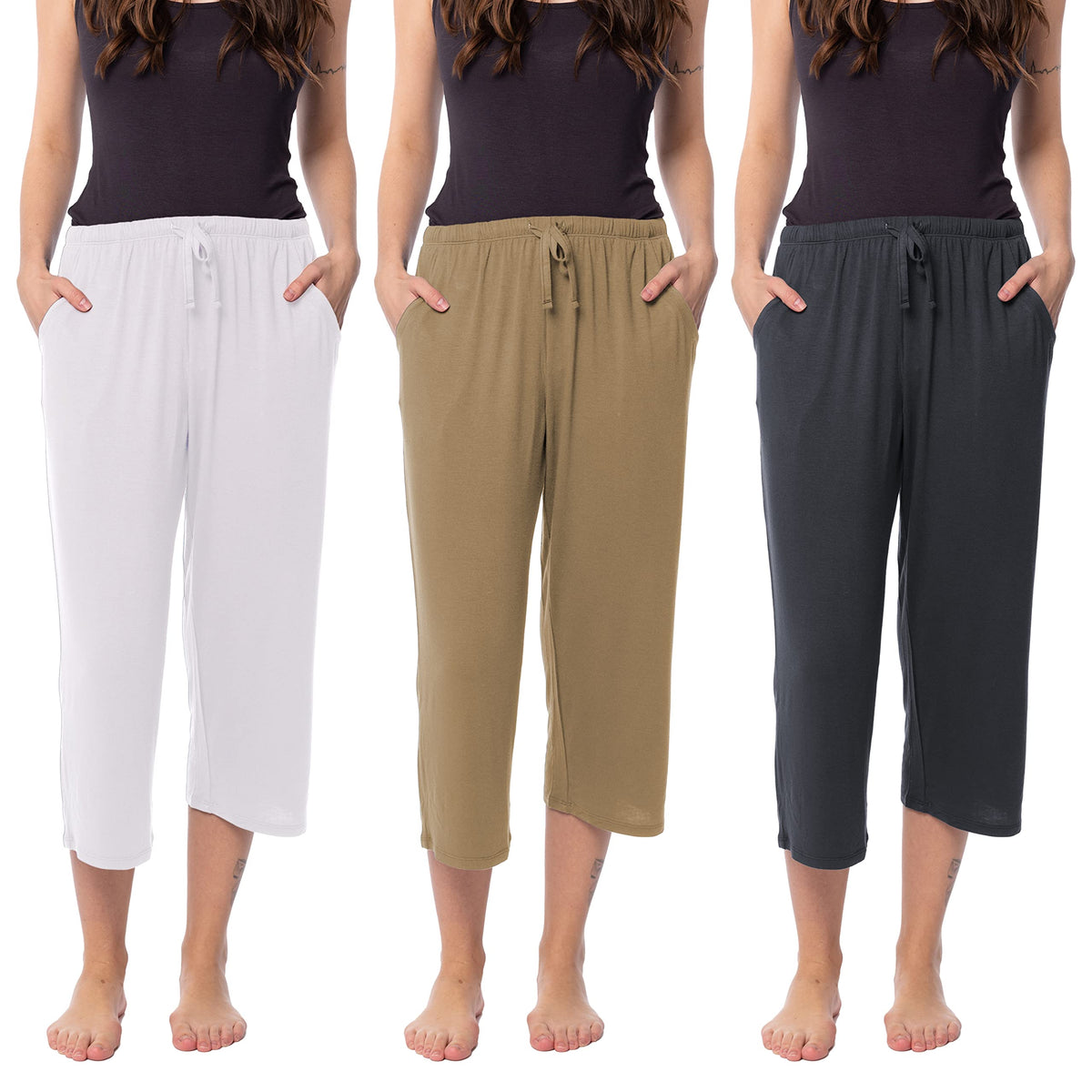 Sexy Basics 24/7 Anywear Women's 3 Pack Relaxed Flowy Capri Cropped Yoga Lounge Pants