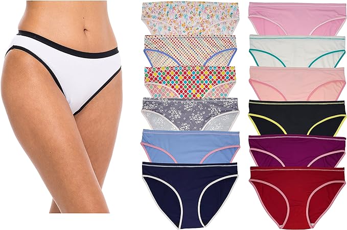 Women’s 12 Pack Bikini Brief Panties | Ultra-Soft & Silky Nylon -Spandex Stretch Underwear