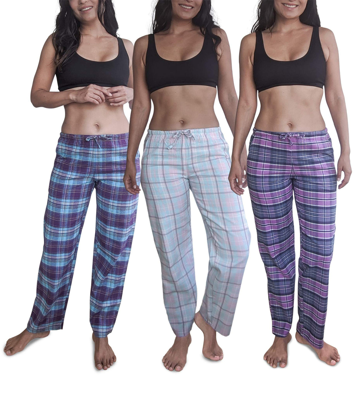 3 Pack Women's Cotton Flannel Plaid Drawstring Lounge Pants