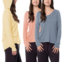 Sexy Basics Women's 3 Pack Long Sleeve Hoodie | Cotton Rayon Slub V Neck Shirt with Thumb Hole/Light & Active Tops