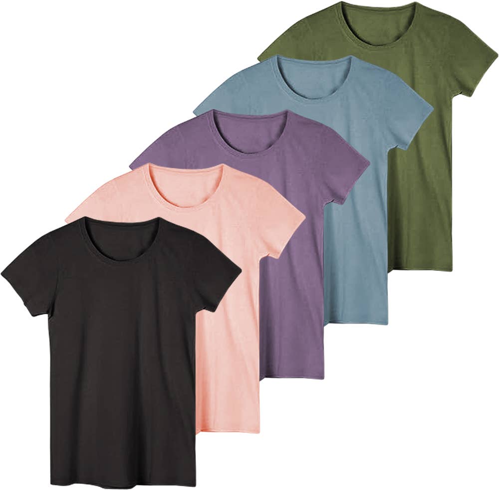 5 Pack Women's Crew-Neck Rayon Cotton Short Sleeve T-Shirts