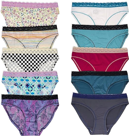 10 Pack Women's Lace Trim Micro Fiber Hi-Cut Bikini Panties