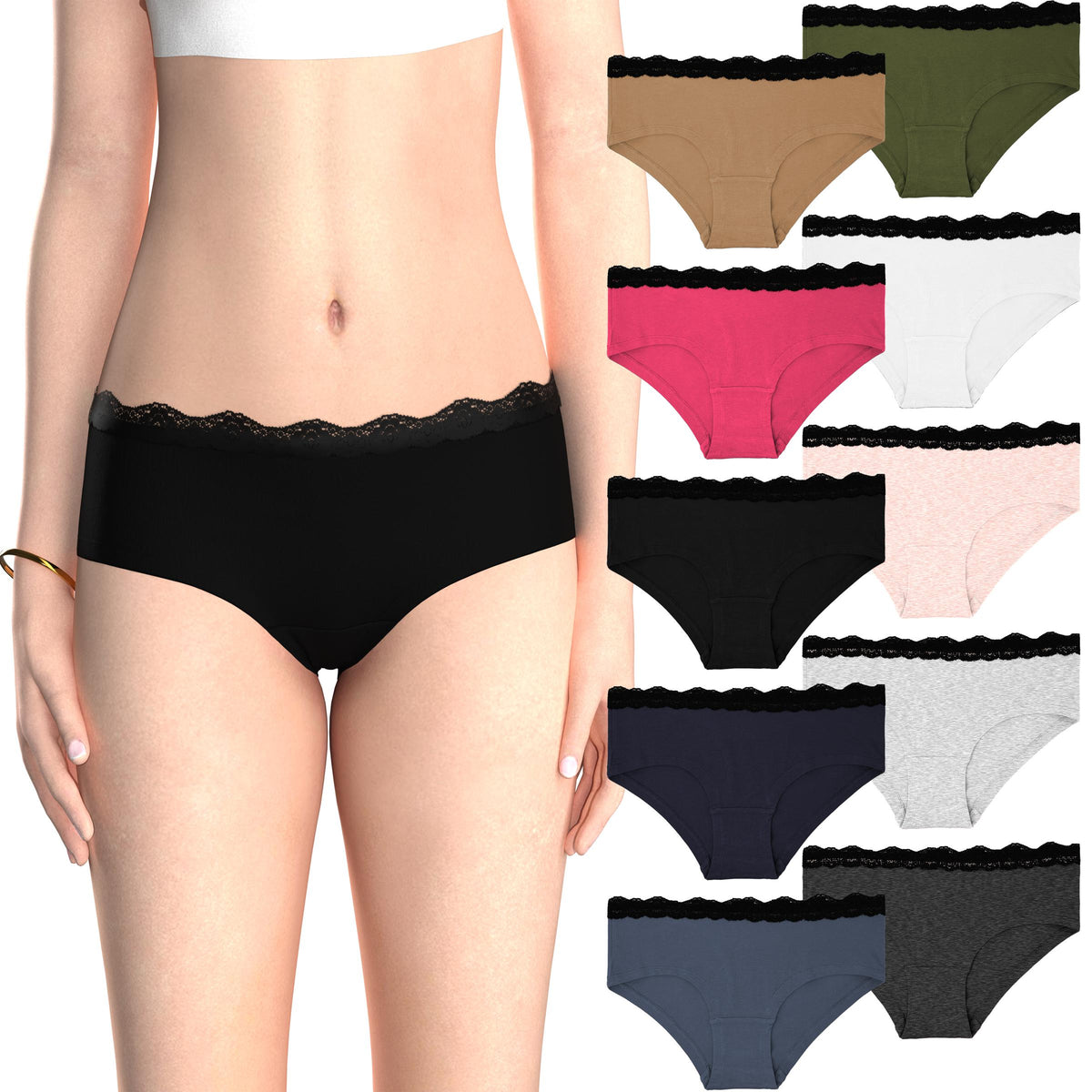 10 Pack Women's Lace Trim Cotton Hipster Panties