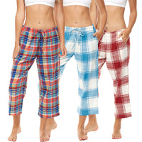 3 Pack Women's Cotton Flannel Drawstring Lounge Capri Pants