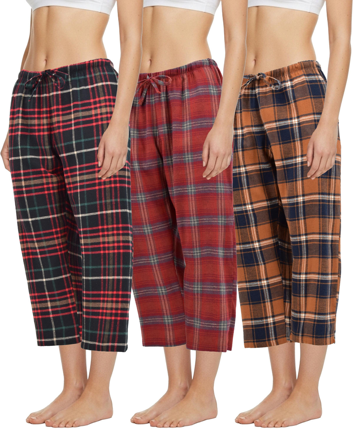 3 Pack Women's Cotton Flannel Drawstring Lounge Capri Pants