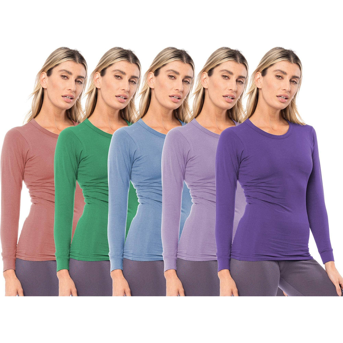 Women's 5 Pack Casual & Active Basic Cotton Stretch Long Sleeve Round Crew Neck Athletic T-Shirt Tops