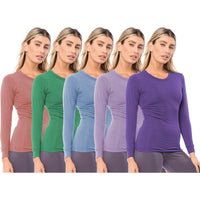 Women's 5 Pack Casual & Active Basic Cotton Stretch Long Sleeve Round Crew Neck Athletic T-Shirt Tops