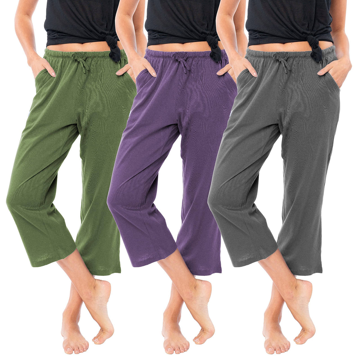 Women's Soft Flex-Cotton Knit Pajama Capri Pants - Pack of 3