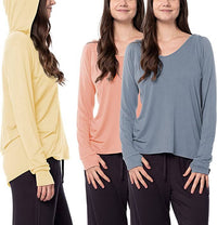 Sexy Basics Women's 3 Pack Long Sleeve Hoodie | Cotton Rayon Slub V Neck Shirt with Thumb Hole/Light & Active Tops