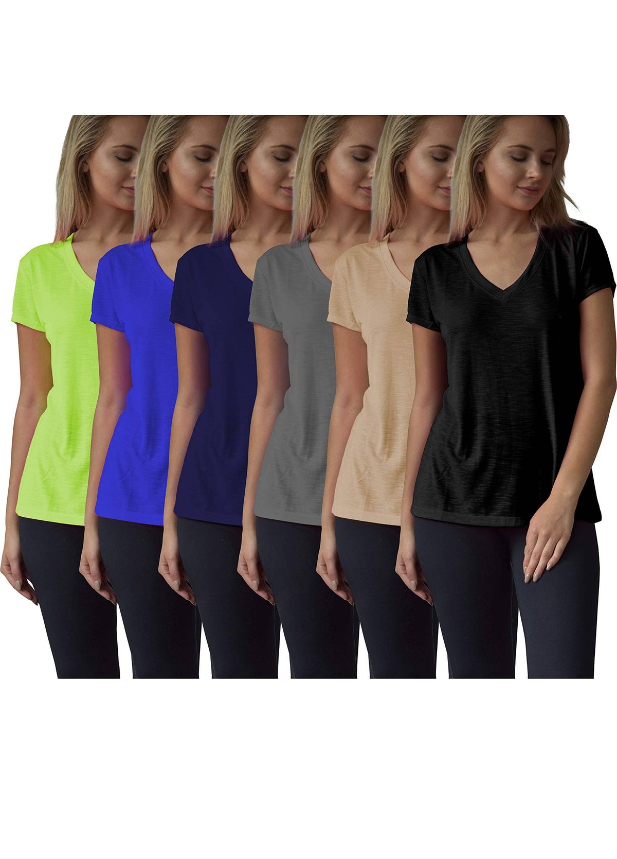 Women's Everyday Flowy Slub Burnout Active Casual Workout V Neck T Shirt Tops- 6 Pack