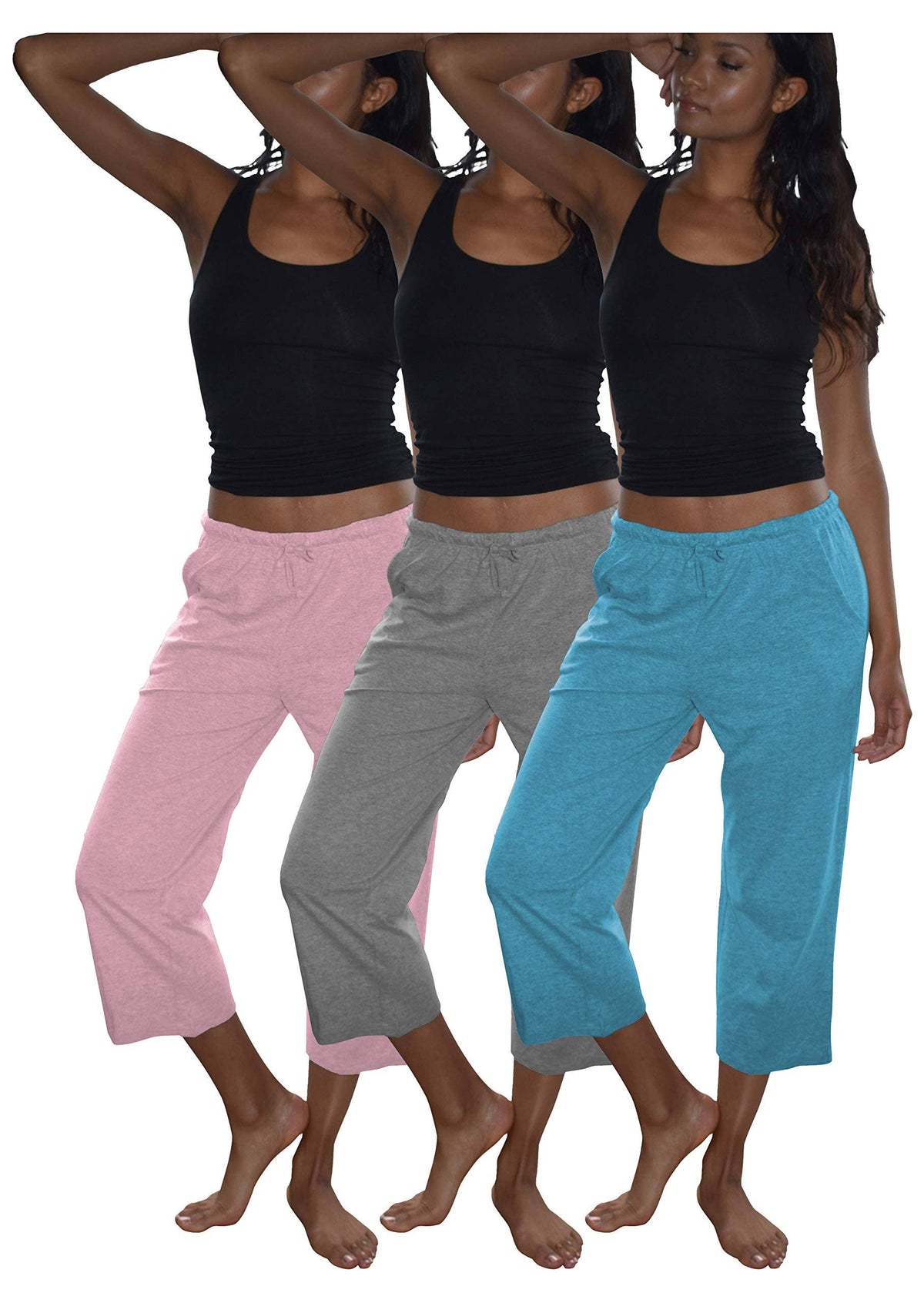 Women's Soft Flex-Cotton Knit Pajama Capri Pants - Pack of 3