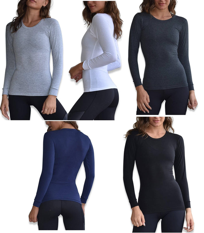 Women's 5 Pack Casual & Active Basic Cotton Stretch Long Sleeve Round Crew Neck Athletic T-Shirt Tops