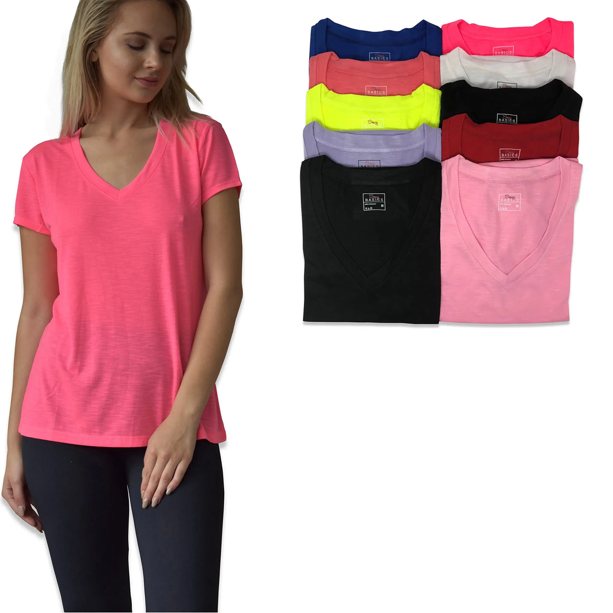 Women's 10 Pack Everyday Flowy Slub Burnout Active Casual Workout V Neck T Shirt Tops