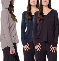 Sexy Basics Women's 3 Pack Long Sleeve Hoodie | Cotton Rayon Slub V Neck Shirt with Thumb Hole/Light & Active Tops