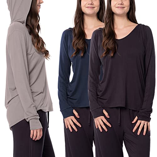 Sexy Basics Women's 3 Pack Long Sleeve Hoodie | Cotton Rayon Slub V Neck Shirt with Thumb Hole/Light & Active Tops