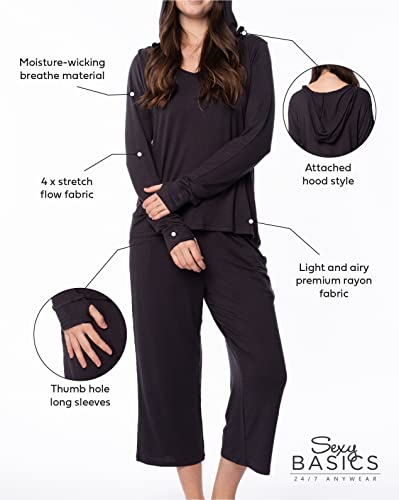 Sexy Basics Women's 3 Pack Long Sleeve Hoodie | Cotton Rayon Slub V Neck Shirt with Thumb Hole/Light & Active Tops