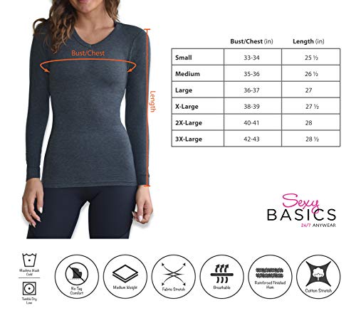 Sexy Basics Women's 5 Pack Casual & Active Basic Cotton Stretch Color Long Sleeve T-Shirt V- Neck Athletic Tops