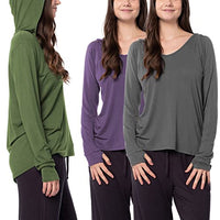 Sexy Basics Women's 3 Pack Long Sleeve Hoodie | Cotton Rayon Slub V Neck Shirt with Thumb Hole/Light & Active Tops