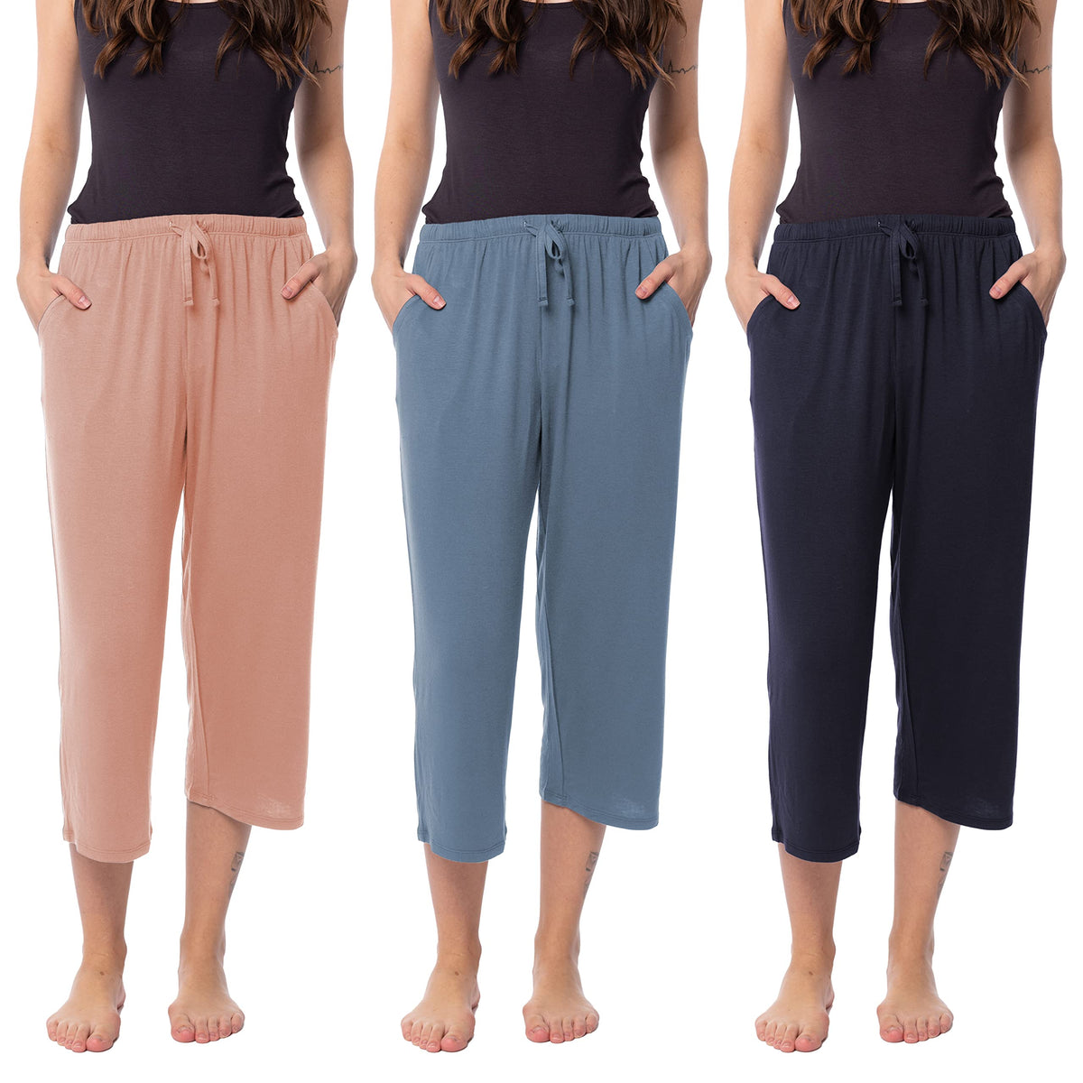 Sexy Basics 24/7 Anywear Women's 3 Pack Relaxed Flowy Capri Cropped Yoga Lounge Pants