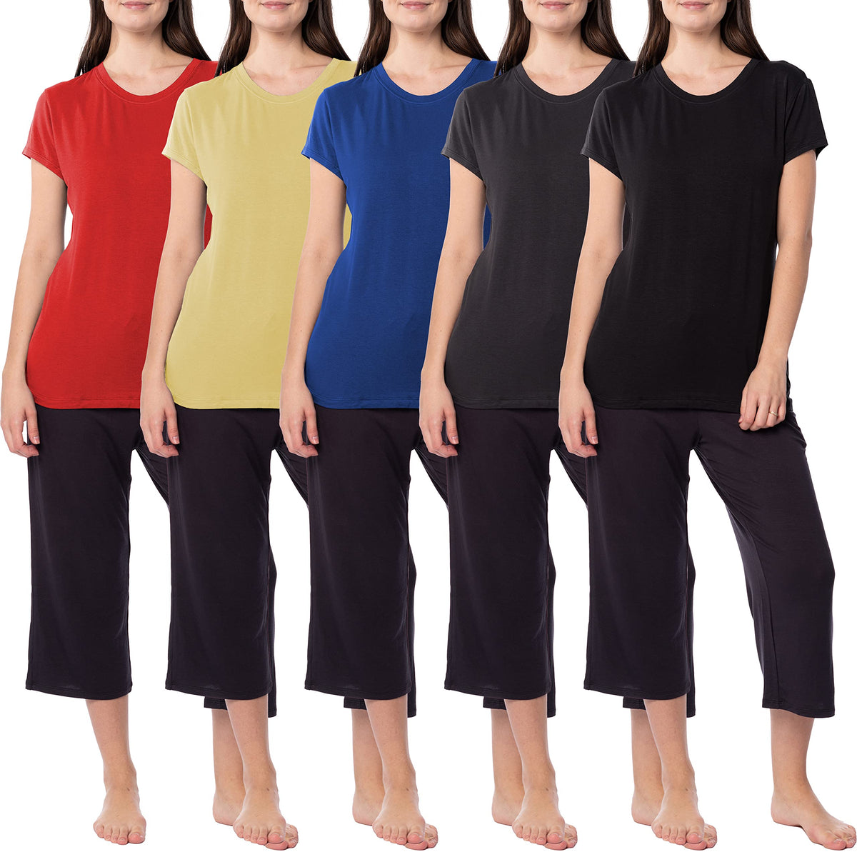 5 Pack Women's Crew-Neck Rayon Cotton Short Sleeve T-Shirts