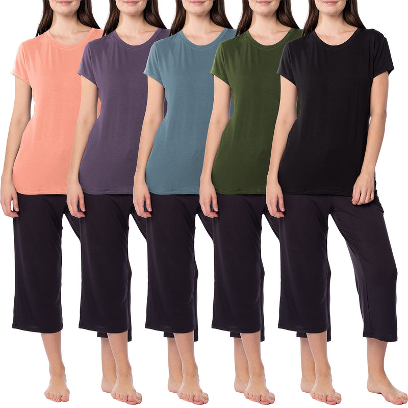 5 Pack Women's Crew-Neck Rayon Cotton Short Sleeve T-Shirts