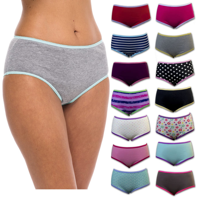 Sexy Basics Women's 12 Pack Cotton Brief Soft Underwear | Full Coverage Panty Briefs -Assorted Colors & Prints