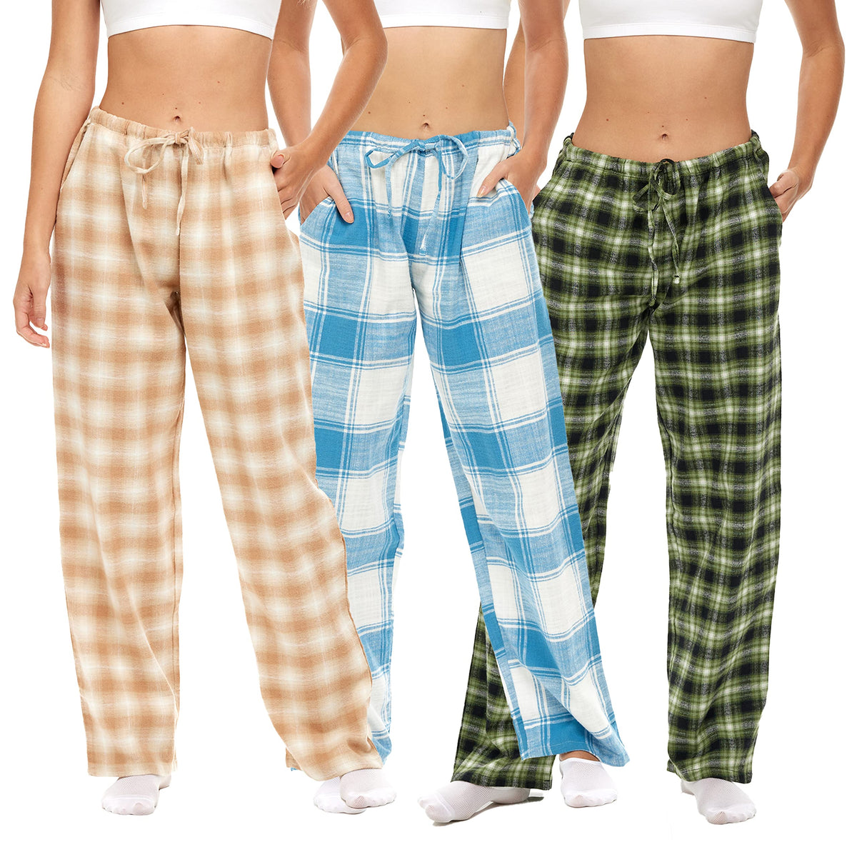 3 Pack Women's Cotton Flannel Plaid Drawstring Lounge Pants